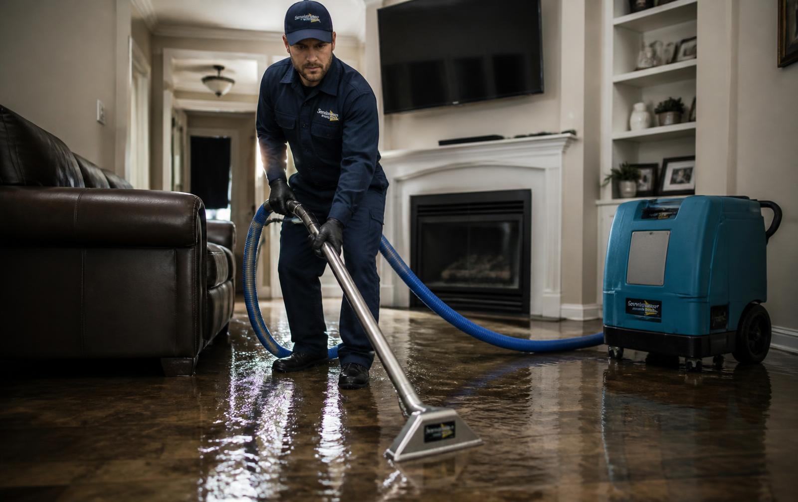 Restoration technician extracting standing water from a flooded home